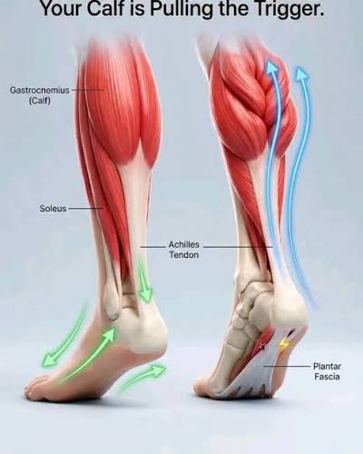 Diagram showing how tight calf muscles pull on the Achilles tendon and plantar fascia